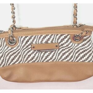 Ellen Tracy Basketweave Faux Leather Purse Handbag Brown White Woven Beach Vacay